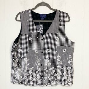Vtg Willow Ridge Sz L Black white Gingham Vest Cottagecore Embroidered Patchwork